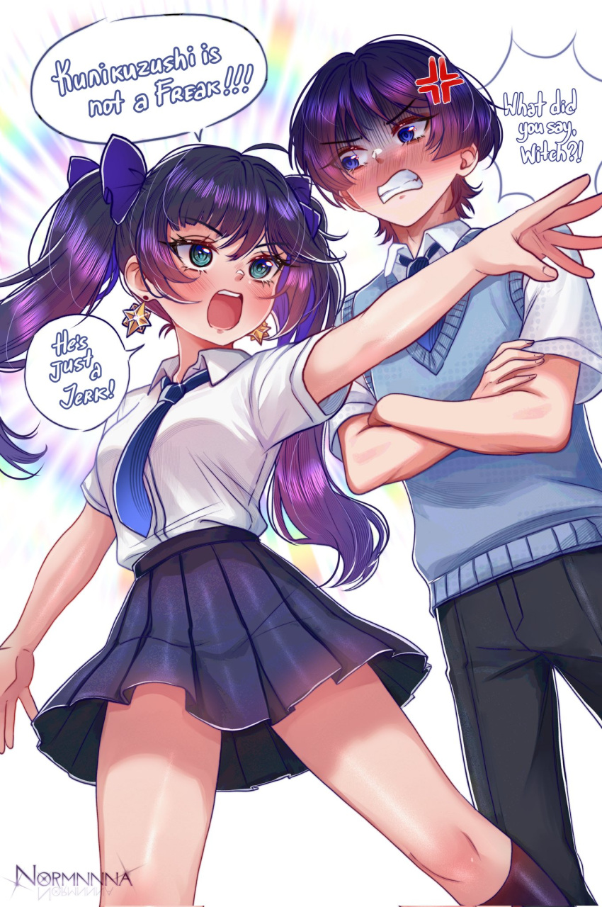 1boy, 1girl, ahoge, alternate_costume, anger_vein, annoyed, aqua_eyes, arm_at_side, asymmetrical_bangs, black_hair, black_pants, black_skirt, blouse, blue_necktie, blue_sweater_vest, blunt_bangs, blunt_ends, blush, bow, clenched_teeth, collared_shirt, commentary, contemporary, crossed_arms, earrings, english_commentary, eyelashes, fingernails, from_below, genshin_impact, glint, hair_between_eyes, hair_bow, hand_on_another's_arm, highres, jewelry, long_hair, looking_at_another, looking_to_the_side, mona_(genshin_impact), necktie, normnnna, open_hands, open_mouth, outstretched_arm, pants, pleated_skirt, purple_bow, purple_hair, redrawn, scaramouche_(genshin_impact), scene_reference, school_uniform, shaded_face, shirt, short_sleeves, sidelocks, skirt, spy_x_family, star_(symbol), star_earrings, sweater_vest, teeth, twintails, twitter_username, upper_teeth_only, violet_eyes, white_background, white_shirt, white_sleeves, wispy_bangs