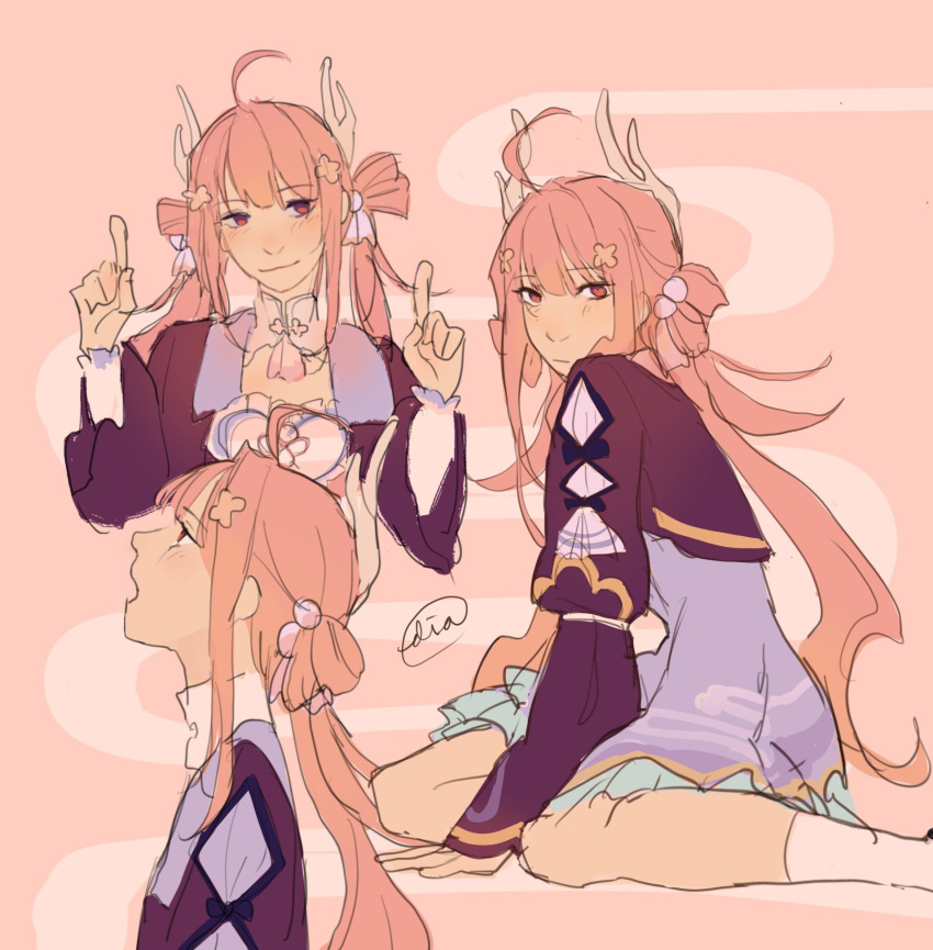 1girl, ahoge, bare_legs, commentary, detached_sleeves, dress, fantasy, finger_gun