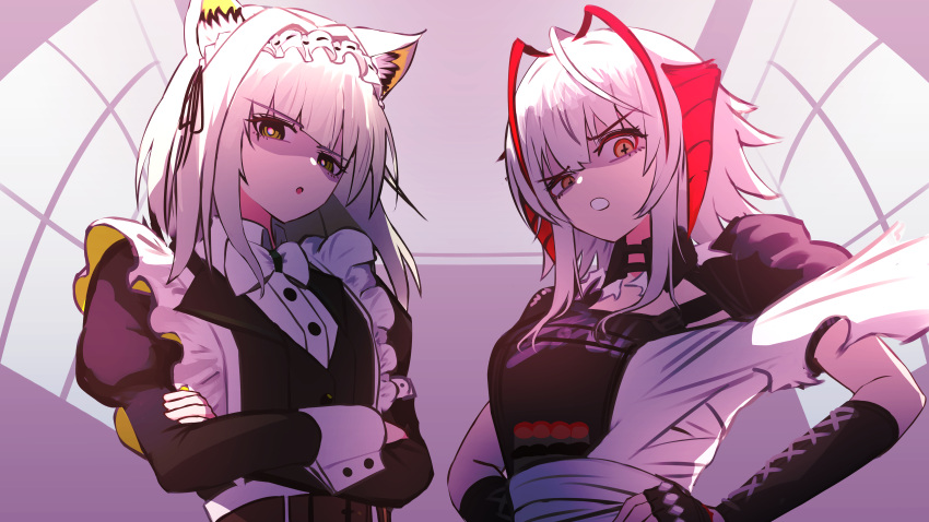 2girls, absurdres, animal_ear_fluff, animal_ears, antenna_hair, apron, arknights, black_dress