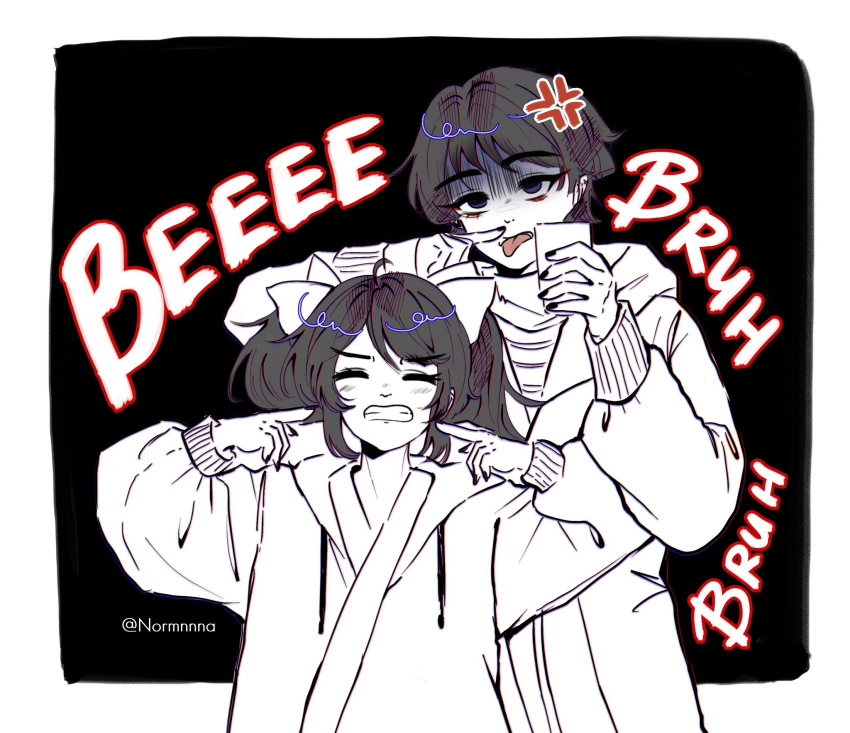 1boy, 1girl, alternate_costume, annoyed, black_background, black_nails, blunt_ends, border, bow, casual, clenched_teeth, closed_eyes, coat, commentary, contemporary, drawstring, english_commentary, eyelashes, eyeliner, eyeshadow, facing_viewer, genshin_impact, greyscale, hair_bow, hands_up, height_difference, highres, index_finger_raised, lapels, long_hair, long_sleeves, looking_at_viewer, makeup, mona_(genshin_impact), monochrome, normnnna, pointing, pointing_at_self, red_eyeliner, red_eyeshadow, sanpaku, scaramouche_(genshin_impact), shaded_face, sidelocks, sound_effects, spot_color, swept_bangs, teeth, tongue, tongue_out, twintails, twitter_username, undershirt, white_border, wispy_bangs