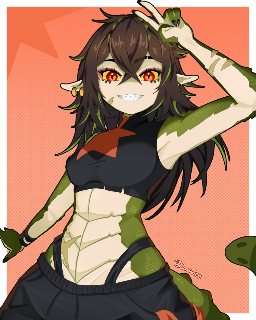1girl, absurdres, black_pants, black_shirt, brown_hair, closed_mouth, commentary, crocodile_girl