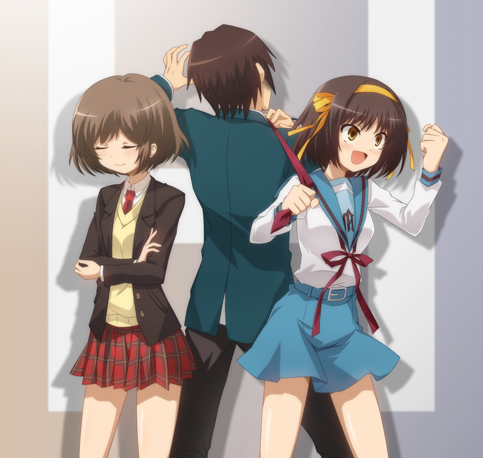 brown_eyes, brown_hair, crossed_arms, hair_ribbon, kagesaki-ice, kyon, open_mouth, ribbon