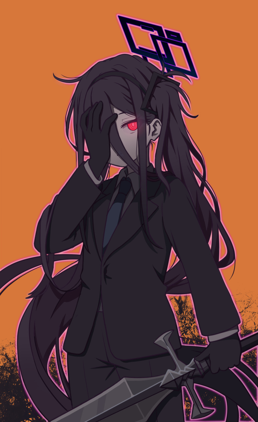 1girl, alternate_costume, aris_(blue_archive), black_gloves, black_hair, black_hairband, black_halo, black_pants