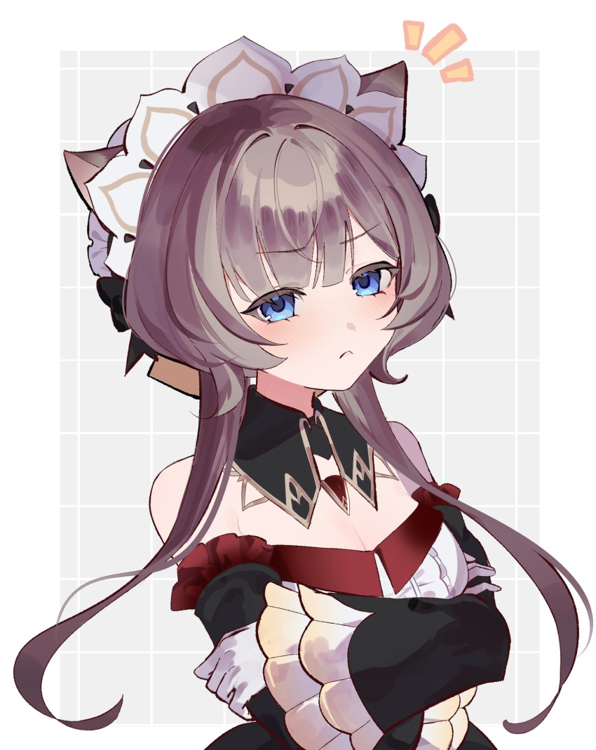 1girl, :<, animal_ears, bare_shoulders, black_bow, black_collar, black_sleeves, blue_eyes, blush, bow, brown_hair, cat_ears, closed_mouth, collar, commentary_request, crossed_arms, detached_collar, detached_sleeves, dress, frilled_sleeves, frills, genshin_impact, gloves, hair_bow, highres, hiroyi_(mei), kemonomimi_mode, long_sleeves, looking_at_viewer, notice_lines, sandrone_(genshin_impact), solo, strapless, strapless_dress, upper_body, white_gloves, white_headdress