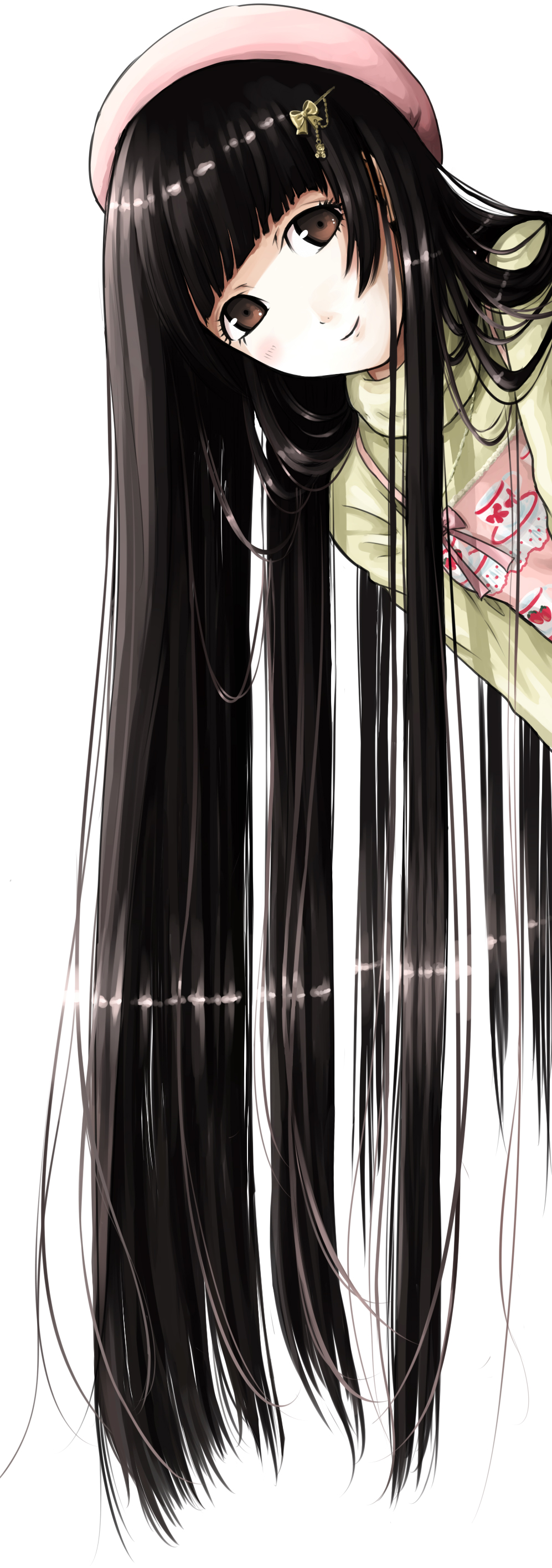 bangs, beret, black_hair, blunt_bangs, brown_eyes, face, hair_ornament, hairclip, haruna_(kazuharu), hat, highres, kazuharu_kina, long_hair, long_image, original, peeking, peeking_out, shiny, shiny_hair, smile, solo, tall_image, very_long_hair