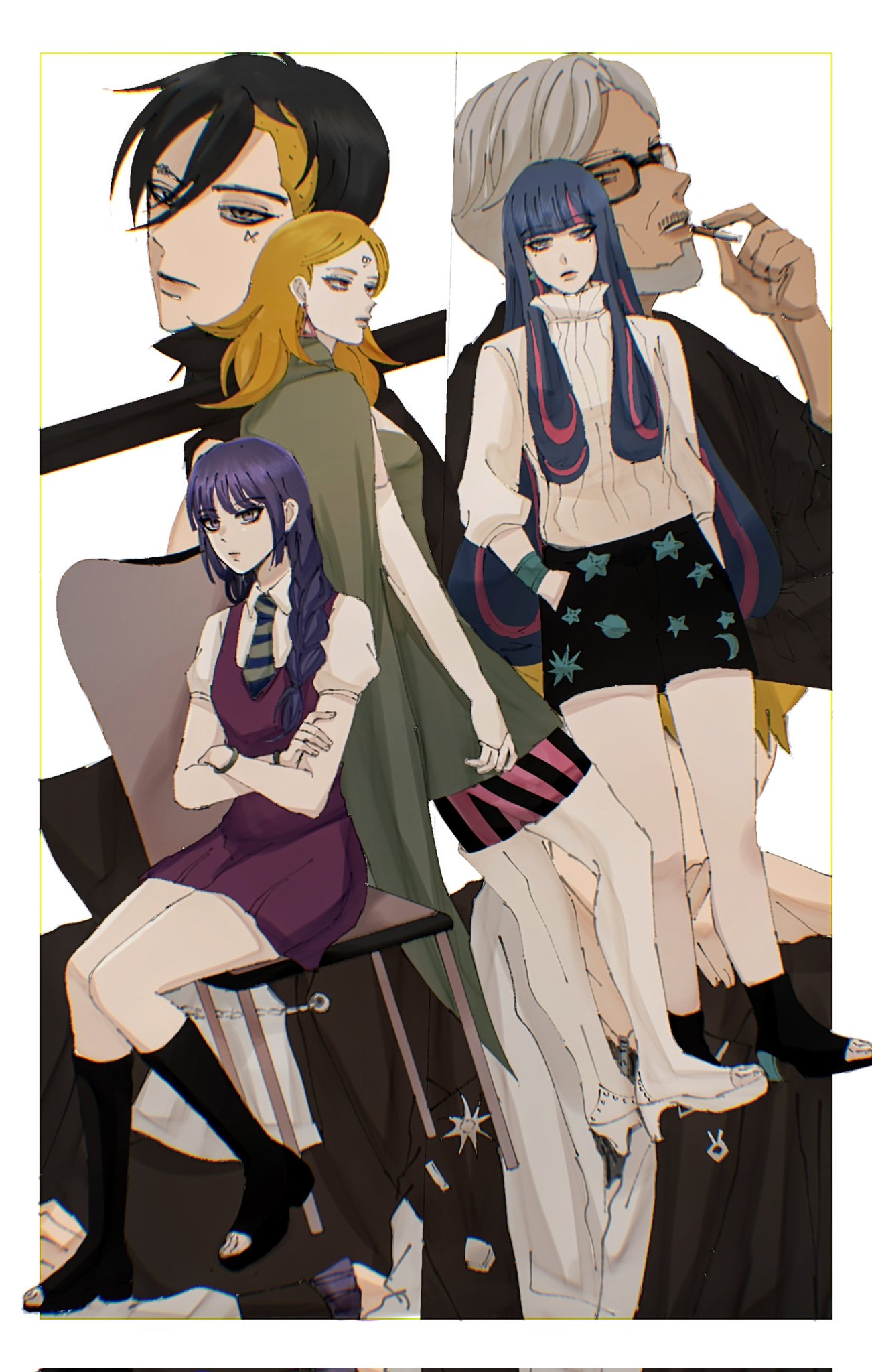 3girls, 4boys, ada_(naruto), beard, black_hair, black_shorts, blonde_hair, blue_hair