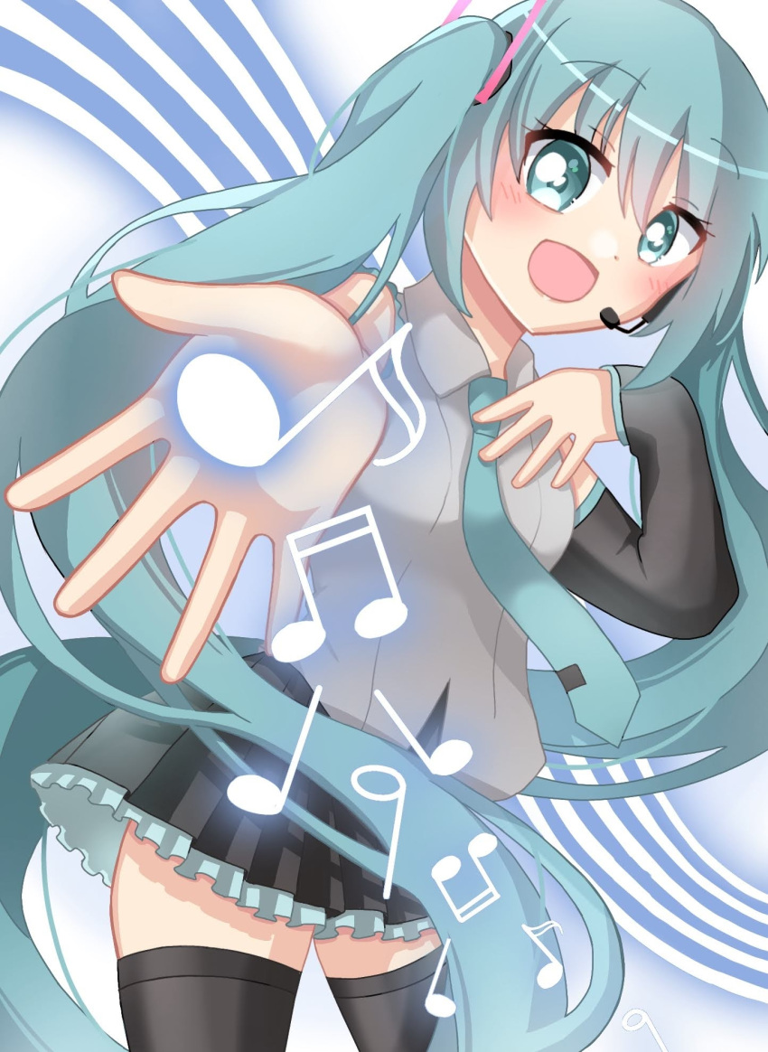 1girl, :d, aqua_eyes, aqua_hair, black_skirt, black_sleeves, black_thighhighs, blush