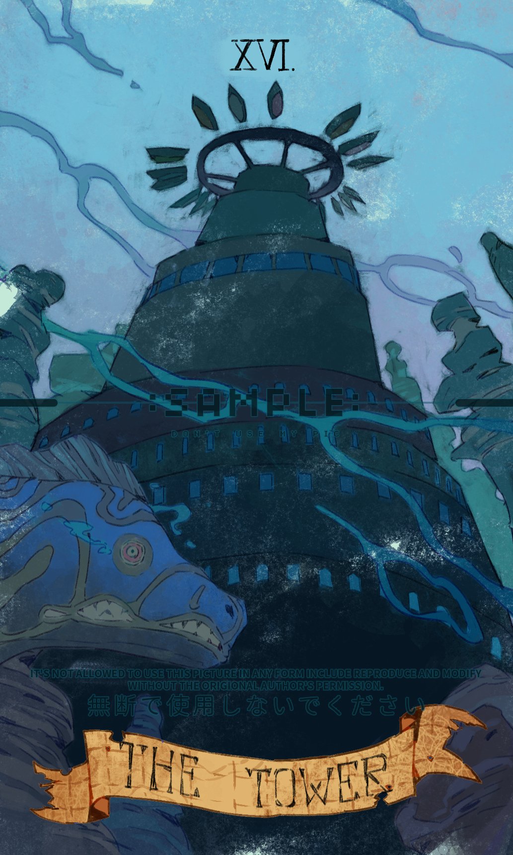 card_(medium), commentary, english_commentary, highres, one_piece, roman_numeral, sample_watermark, sea_king_(one_piece)