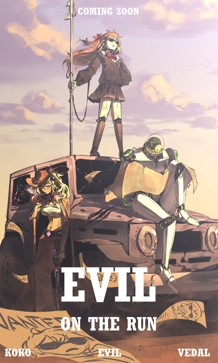 1boy, 2girls, absurdres, animal_ears, belt, black_belt, black_cardigan, black_skirt, blonde_hair, bow, bowtie, brown_hair, brown_hat, brown_jacket, brown_pants, cardigan, closed_mouth, dress_shirt, english_text, evil_neuro-sama, floating_hair, from_side, full_body, gun, hair_ribbon, hashtag-only_commentary, hat, highres, holding, holding_gun, holding_harpoon, holding_map, holding_weapon, indie_virtual_youtuber, jacket, jeep_(company), kapxapius, koko_d._nuts, long_hair, long_sleeves, map, mechanical_arms, mechanical_legs, monkey_ears, monkey_girl, multiple_girls, off-shoulder_cardigan, outdoors, pants, pink_eyes, pleated_skirt, red_bow, red_bowtie, red_ribbon, ribbon, robot, robot_girl, shirt, sitting, skirt, standing, sunglasses, turtle, vedal987, vedal_ai, virtual_youtuber, wanted_poster, weapon, white_shirt