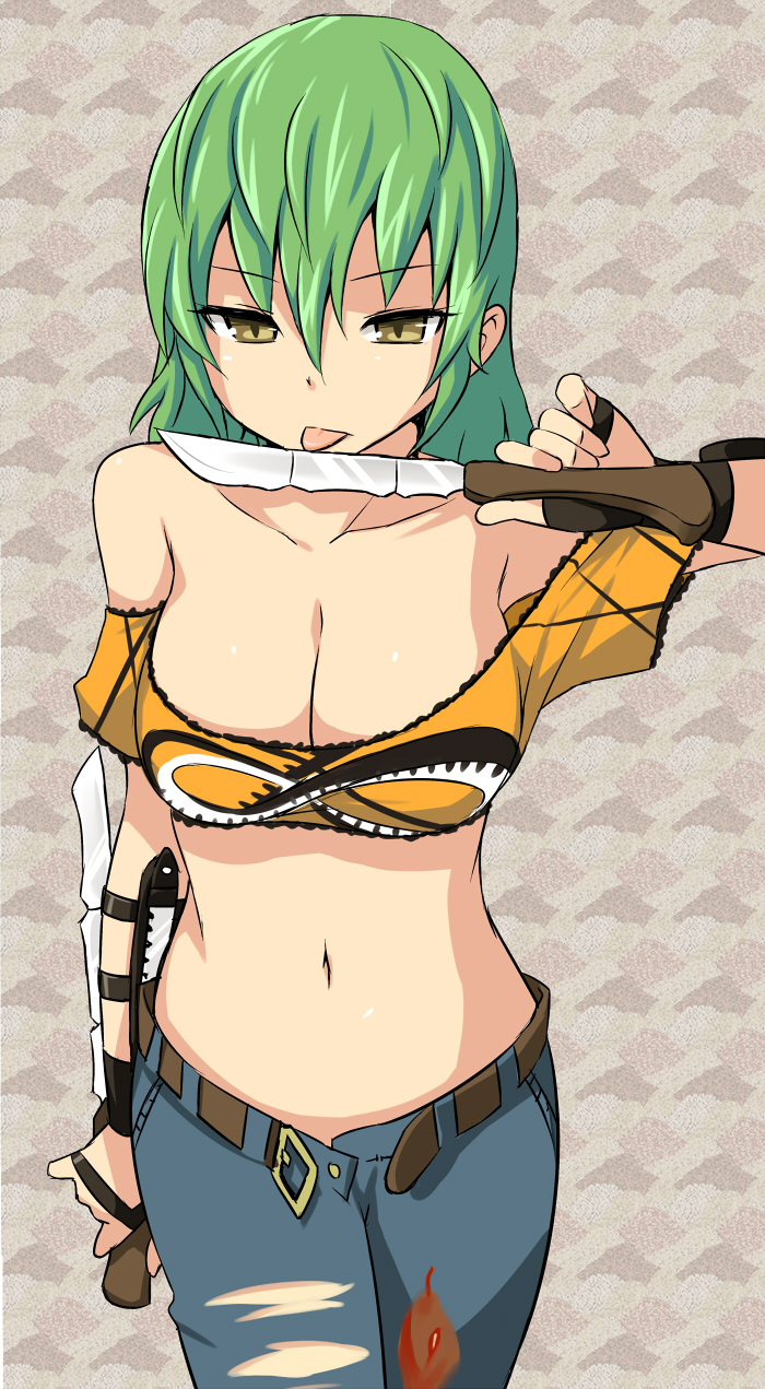 bare_shoulders, breasts, cleavage, green_hair, highres, hikage_(senran_kagura), jeans, knife, licking, midriff, navel, open_fly, senran_kagura, short_hair, solo, tongue, unbuckled_belt, undone, unzipped, yellow_eyes, zaxwu