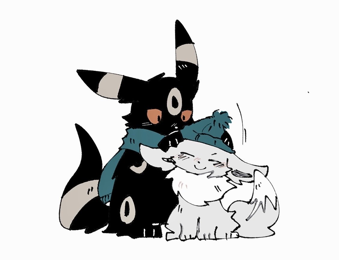 alternate_color, black_fur, black_tail, blue_hat, blue_scarf, closed_eyes, closed_mouth, colored_sclera
