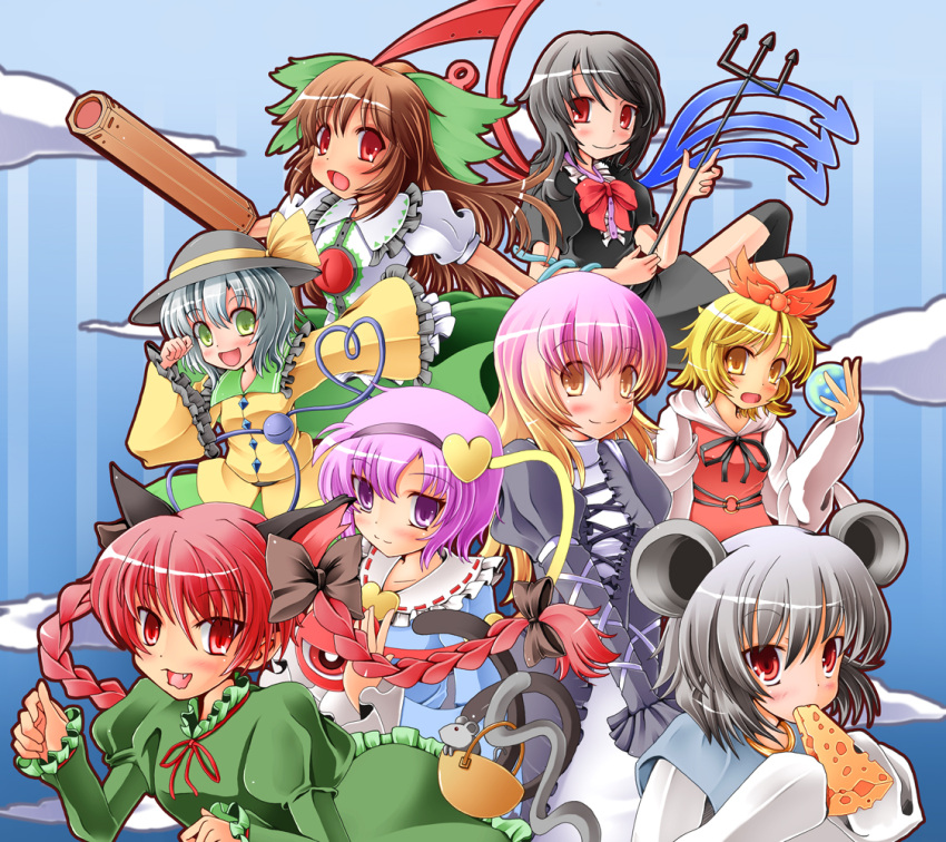 blonde_hair, brown_eyes, brown_hair, hijiri_byakuren, houjuu_nue, kaenbyou_rin, komeiji_koishi, komeiji_satori, multicolored_hair, nazrin, pink_hair, purple_eyes, red_eyes, red_hair, reiuji_utsuho, toramaru_shou, touhou, yellow_eyes, yuzu_izumi