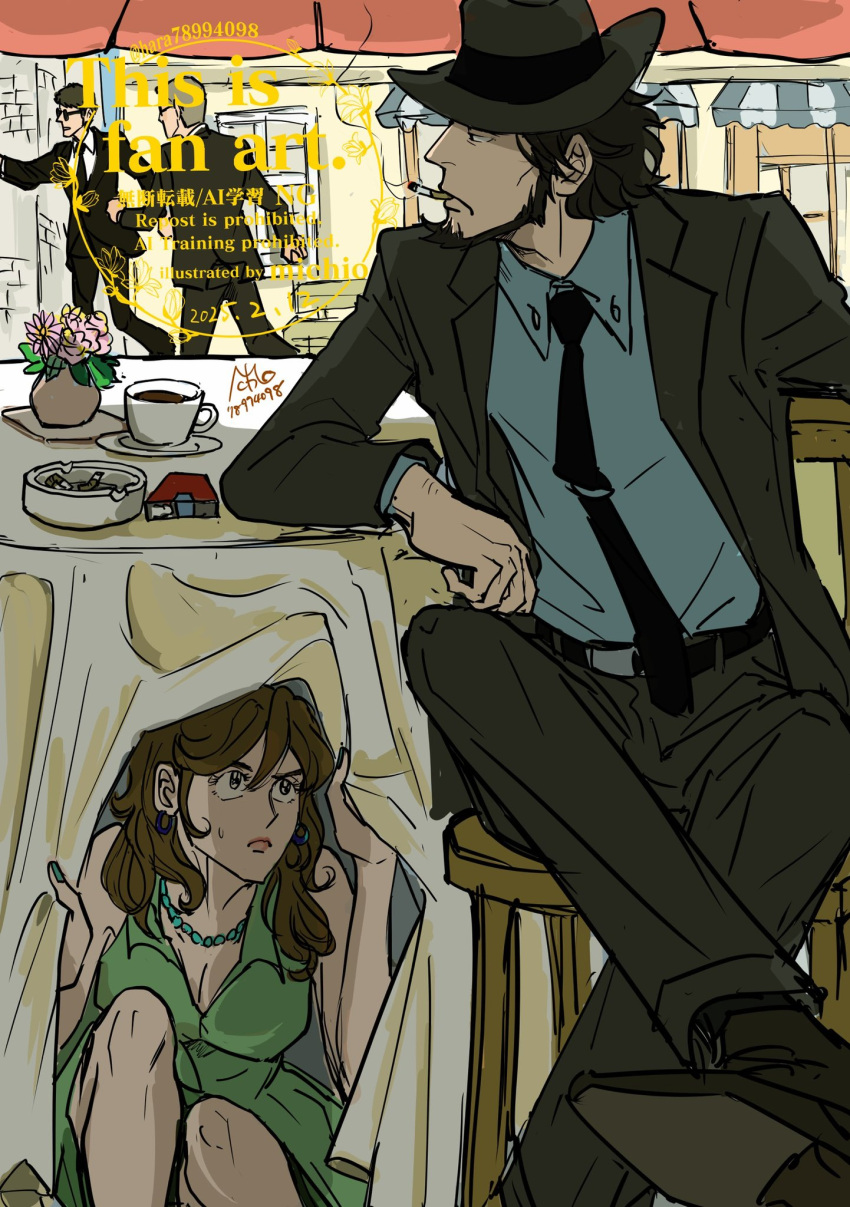 1girl, 3boys, beard, black_necktie, black_suit, blue_shirt, brown_hair, cigarette