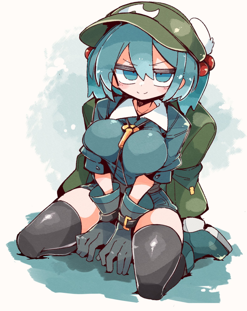 1girl, backpack, bag, black_gloves, black_thighhighs, blue_eyes, blue_shoes, blush