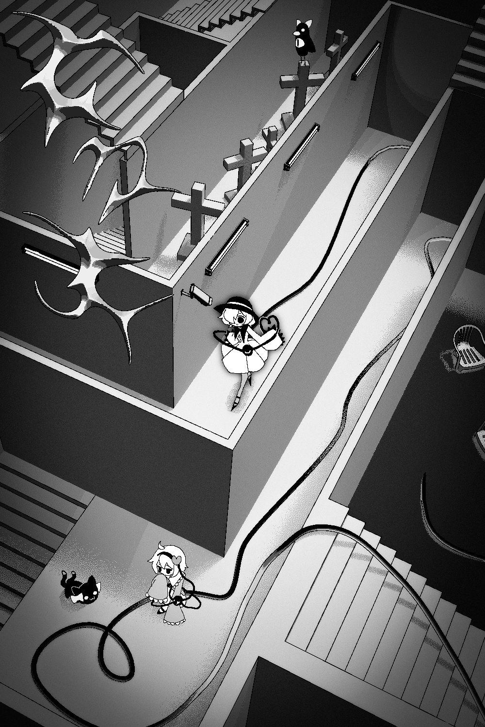 2girls, bird, cat, chair, cocokana, commentary, english_commentary, greyscale