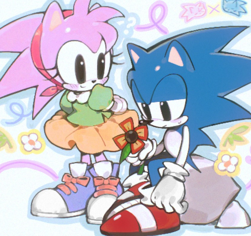 1girl, amy_rose, animal_ears, animal_nose, black_eyes, classic_amy, classic_sonic, closed_mouth