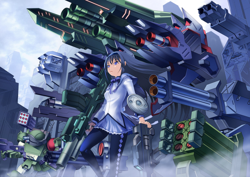 akemi_homura, black_hair, black_legwear, blue_eyes, cannon, gun, hairband, long_hair