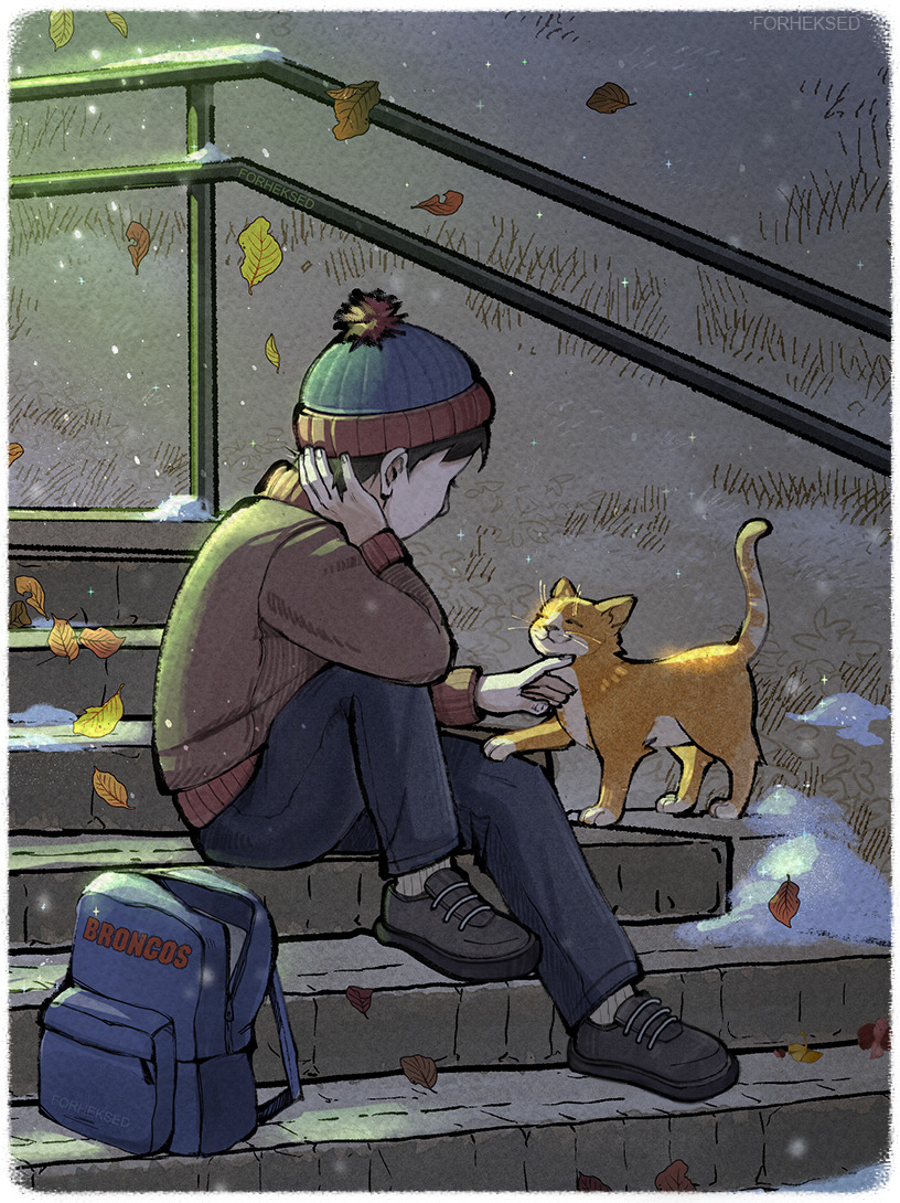 1boy, animal, artist_name, backpack, bag, black_hair, brown_jacket, cat