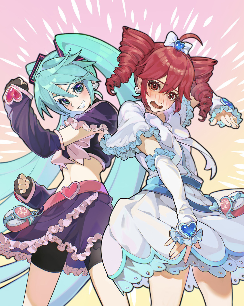 2girls, absurdres, ahoge, aqua_eyes, aqua_hair, benkeinazuna, bike_shorts, blue_eyes, blue_hair, bow, brooch, cosplay, cure_black, cure_black_(cosplay), cure_black_pose, cure_white, cure_white_(cosplay), cure_white_pose, dress, drill_hair, earrings, embarrassed, fingerless_gloves, frilled_arm_warmers, frills, futari_wa_precure, gloves, hair_between_eyes, hair_ornament, hatsune_miku, heart, heart_belt, heart_brooch, heart_earrings, highres, jewelry, kasane_teto, long_hair, looking_at_viewer, magical_girl, multiple_girls, precure, red_eyes, red_hair, shorts, shorts_under_skirt, skirt, smile, twin_drills, twintails, utau, very_long_hair, vocaloid, white_dress