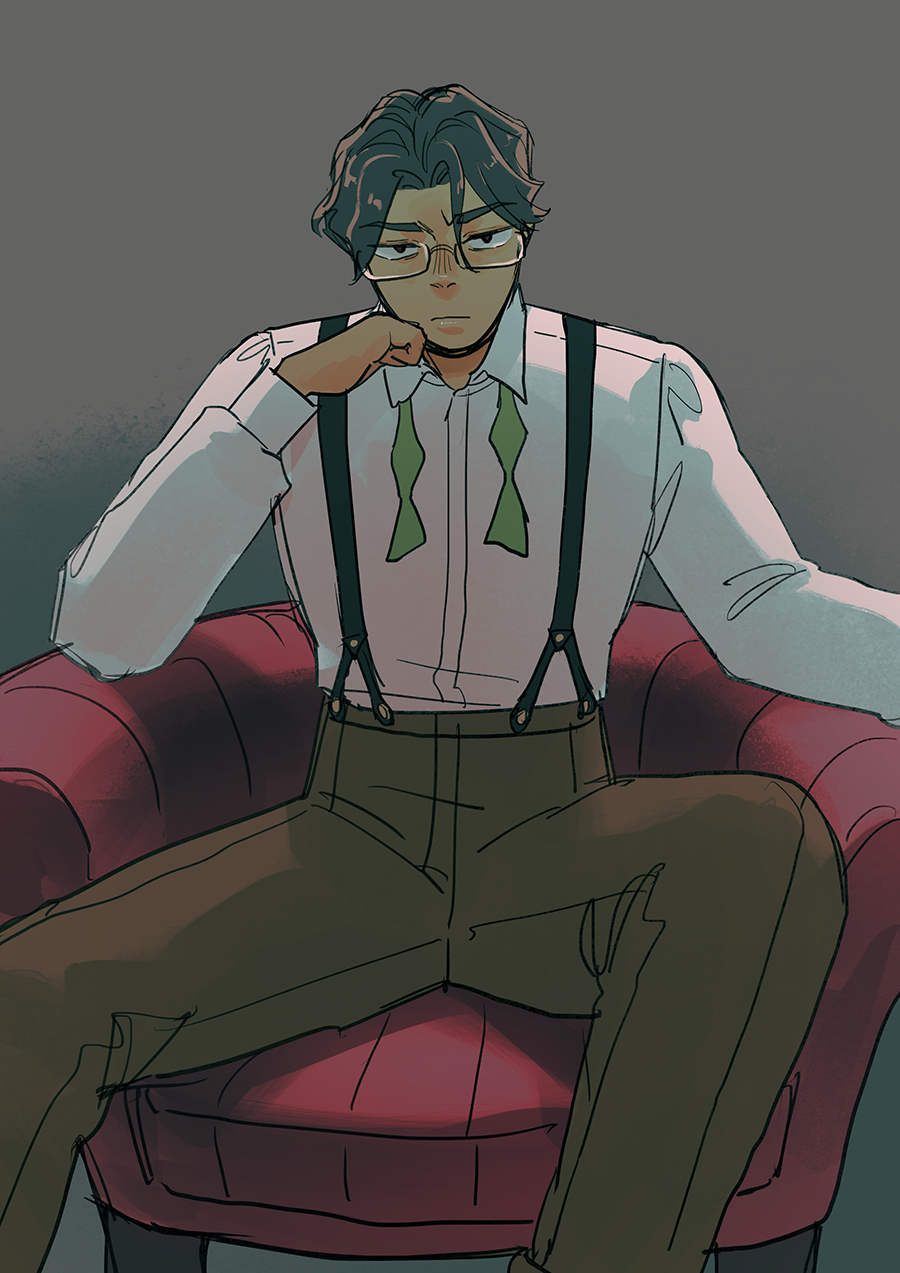 1boy, chair, closed_mouth, dark-skinned_male, dark_skin, edward_hargrieve, edwardian, glasses, high-waist_pants, highres, male_focus, original, pants, sframboob, short_hair, sketch, suspenders