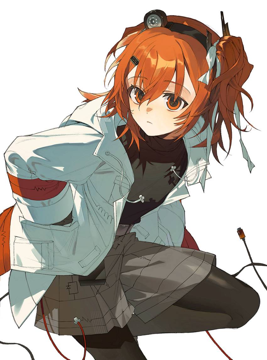 1girl, a.i._voice, adachi_rei, black_pantyhose, black_shirt, blush, breasts, cable, closed_mouth, commentary_request, grey_shorts, hair_between_eyes, hair_ornament, hair_ribbon, hairclip, hand_in_pocket, headlamp, highres, jacket, kuripang_bbb, long_sleeves, open_mouth, orange_eyes, pantyhose, radio_antenna, ribbon, shirt, shorts, side_ponytail, simple_background, solo, utau, white_background, white_jacket, white_ribbon