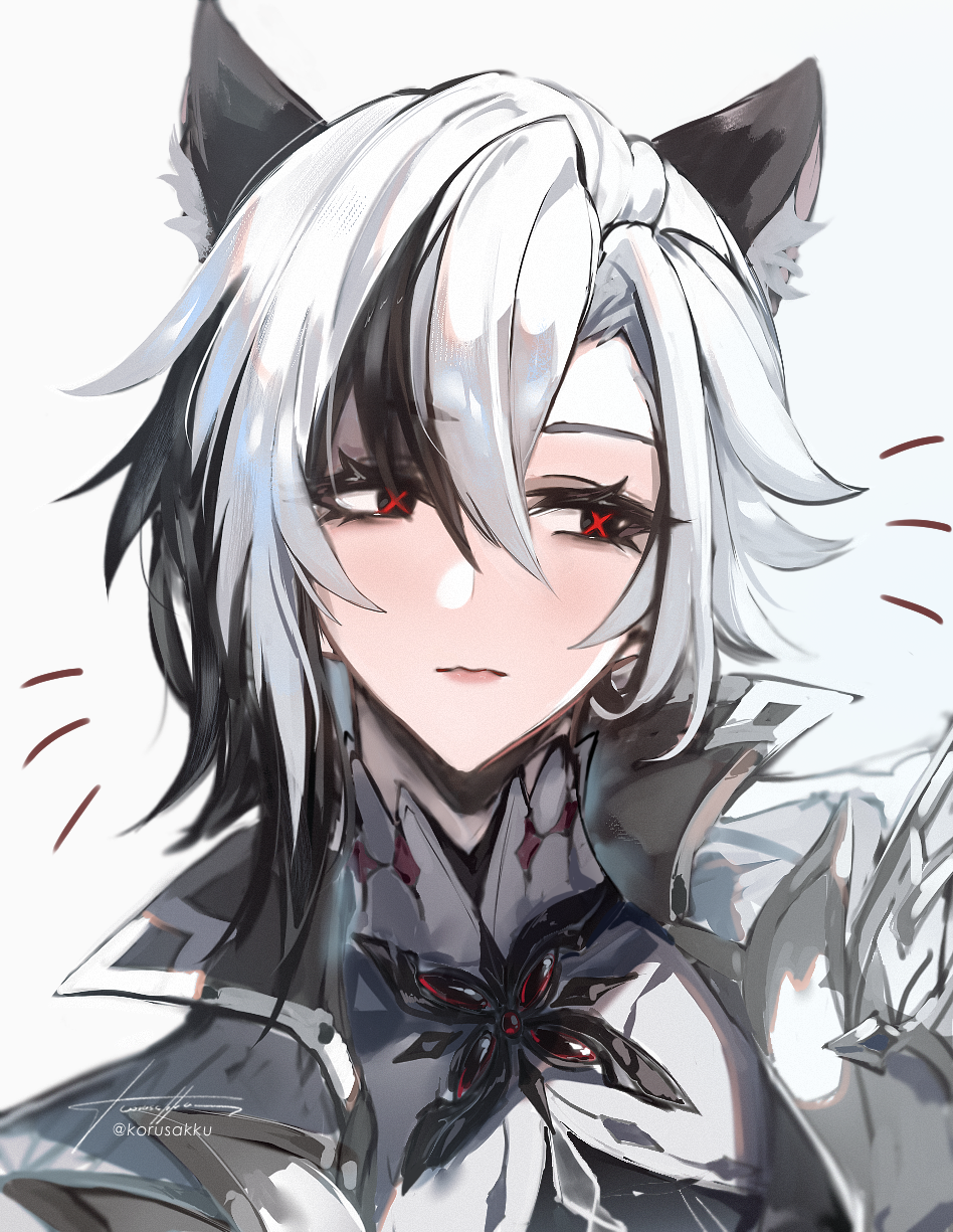 1girl, animal_ears, arlecchino_(genshin_impact), averting_eyes, black_hair, blush, cat_ears, closed_mouth