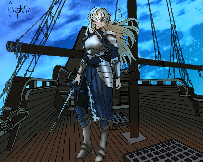 1girl, absurdres, armor, blonde_hair, breastplate, catphine, contrapposto, covered_eyes, floating_hair, full_body, highres, holding, holding_sword, holding_weapon, incredibly_absurdres, long_hair, nephis_(shadow_slave), night, outdoors, shadow_slave, ship, ship_deck, shoulder_armor, solo, standing, sword, watercraft, weapon