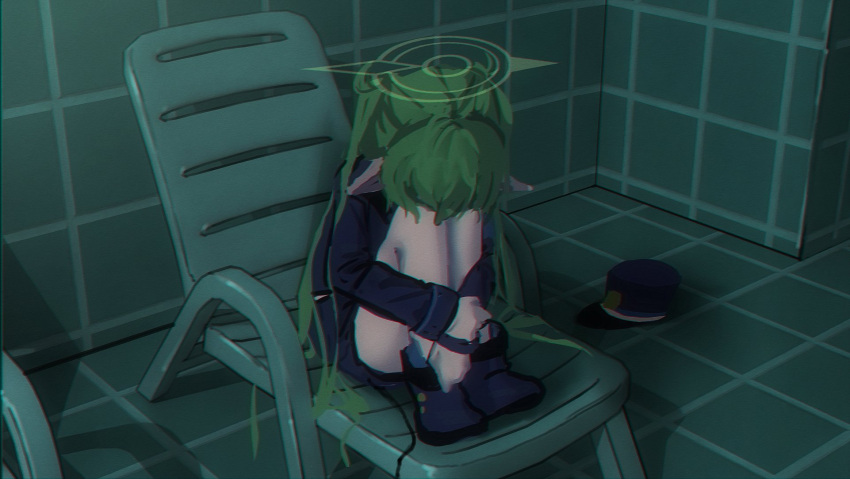 1girl, backrooms_(creepypasta), black_shoes, blue_archive, chair, commentary, curled_up, dream_pool