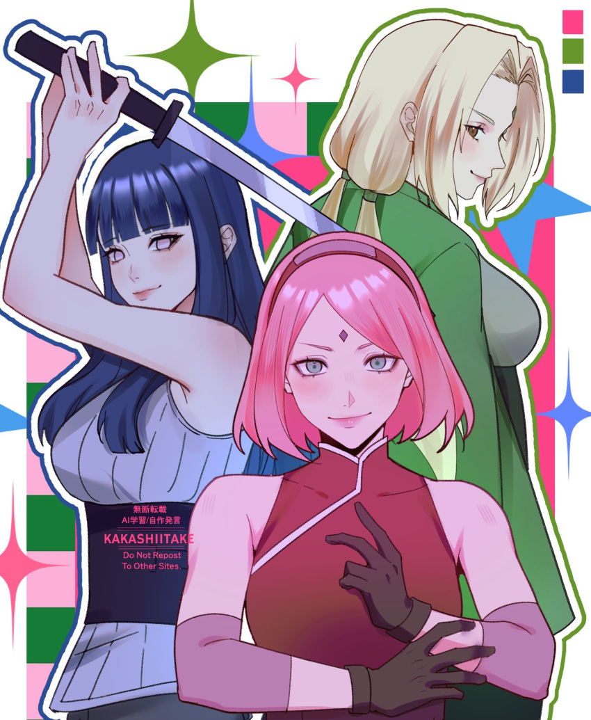 3girls, artist_name, bare_arms, bare_shoulders, blonde_hair, blue_hair, blunt_bangs, blunt_ends