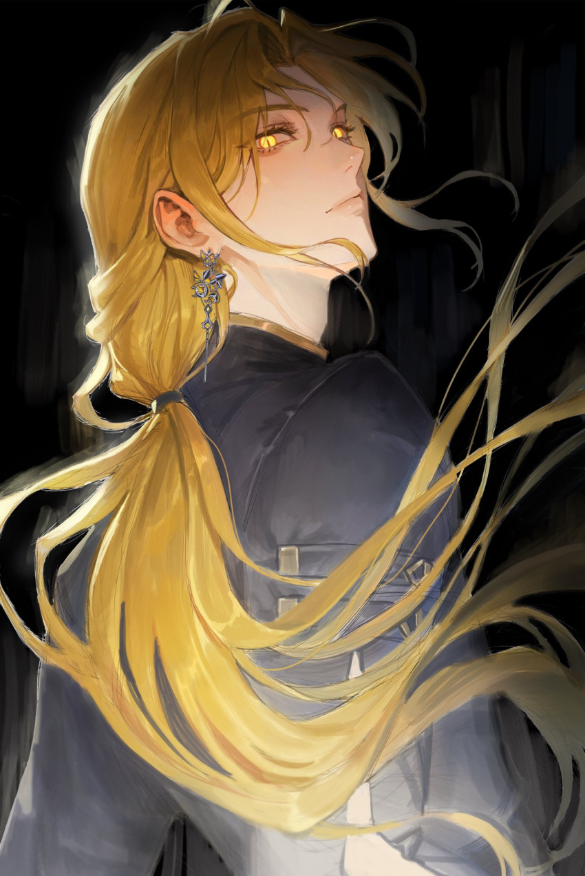 1boy, adam's_apple, aegyo_sal, black_background, black_shirt, blonde_hair, closed_mouth, curtained_hair