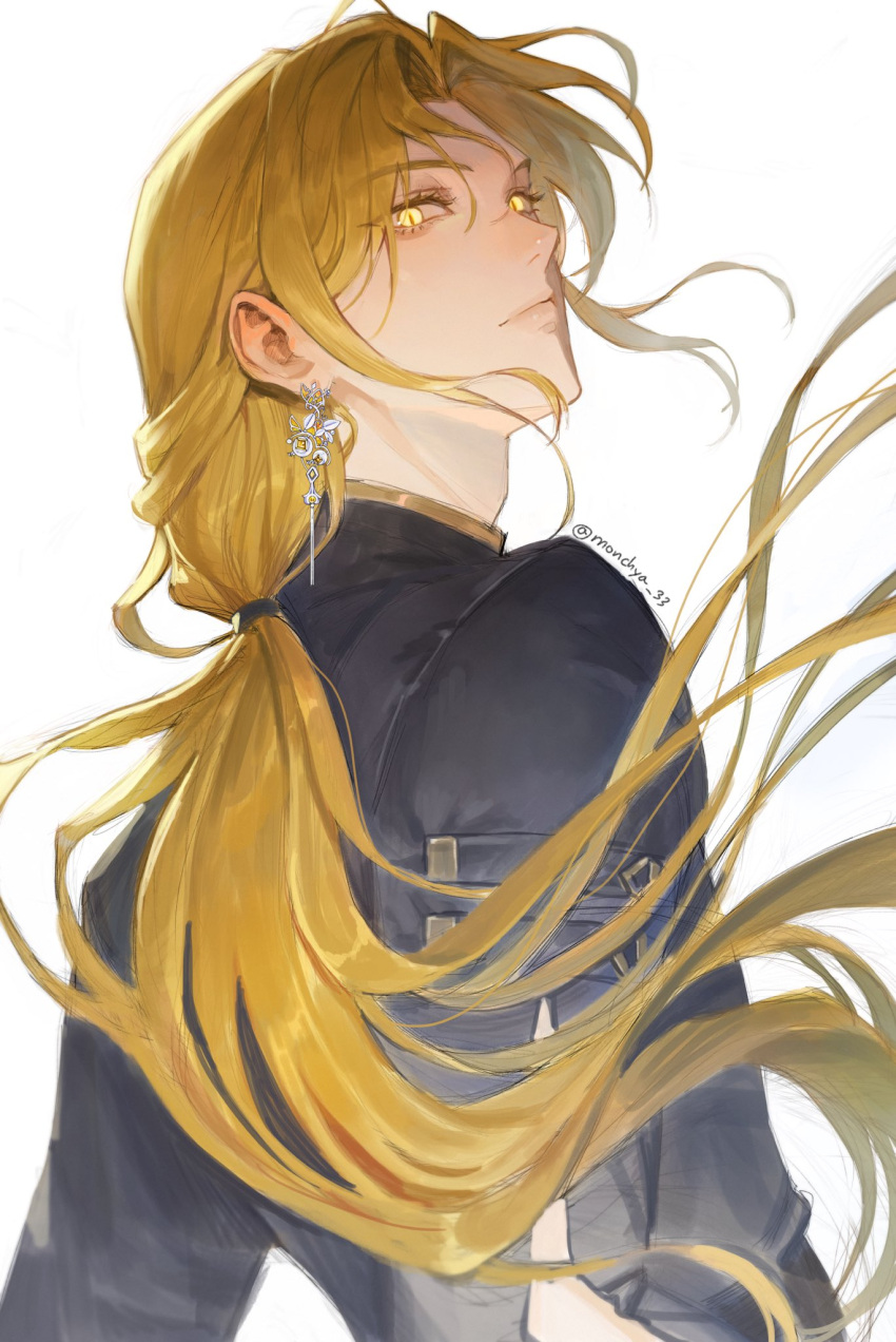 1boy, adam's_apple, aegyo_sal, black_shirt, blonde_hair, closed_mouth, curtained_hair, earrings