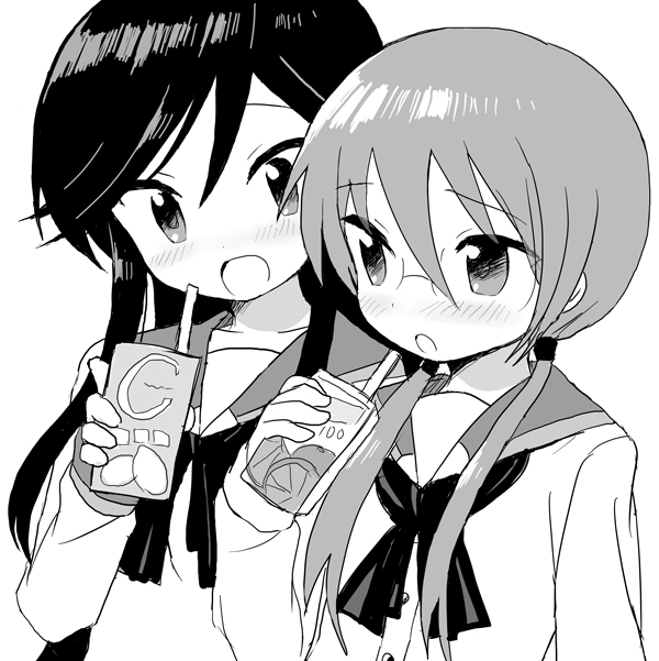 :o, a_channel, collarbone, drink, glasses, inaho, juice_box, long_hair