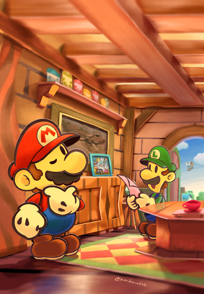 2boys, artist_name, bombette, bow_(paper_mario), brothers, brown_hair, clouds, commentary_request