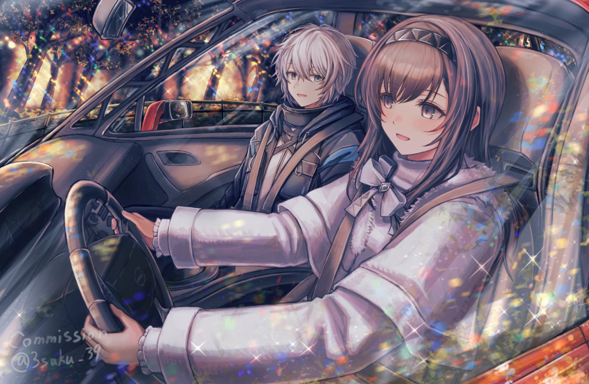 1boy, 1girl, 3_(sanyako1), arknights, black_hairband, blush, brown_hair, car