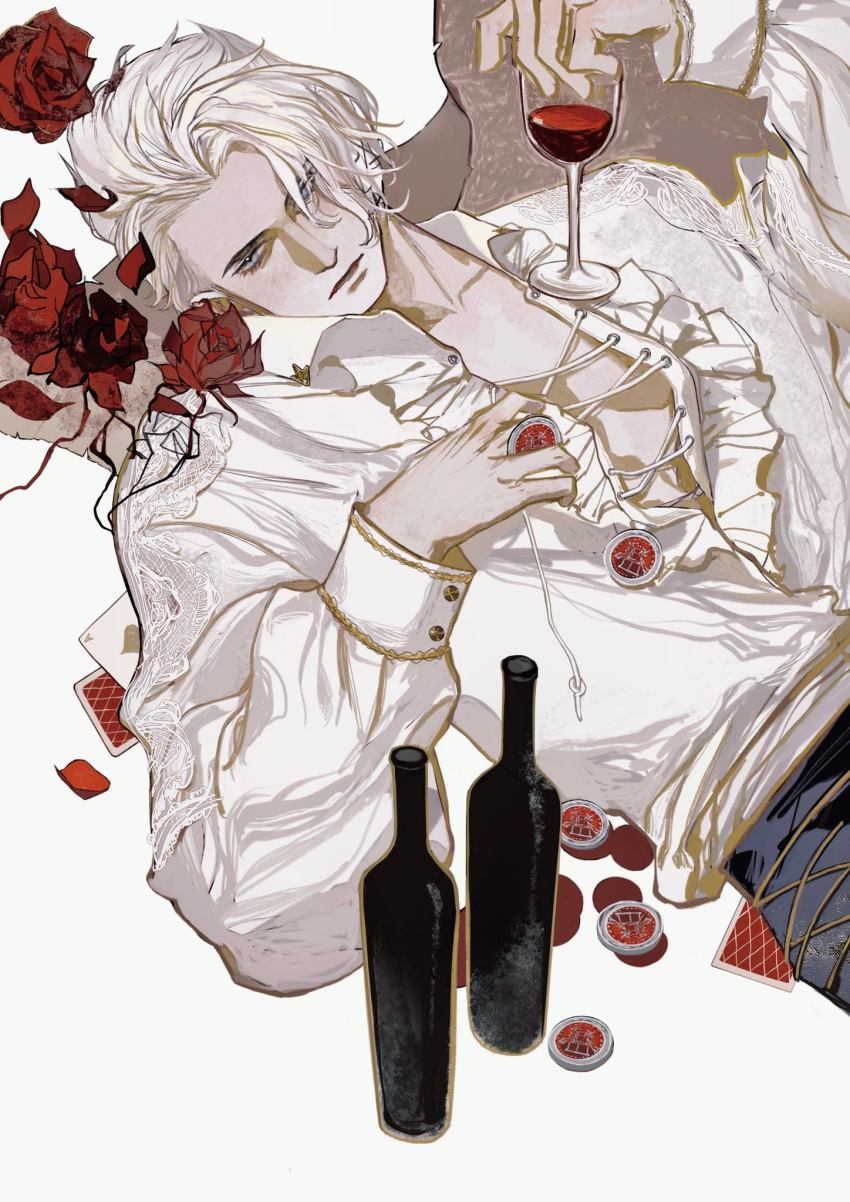 1boy, alcohol, black_pants, bottle, card, cup, drinking_glass, flower