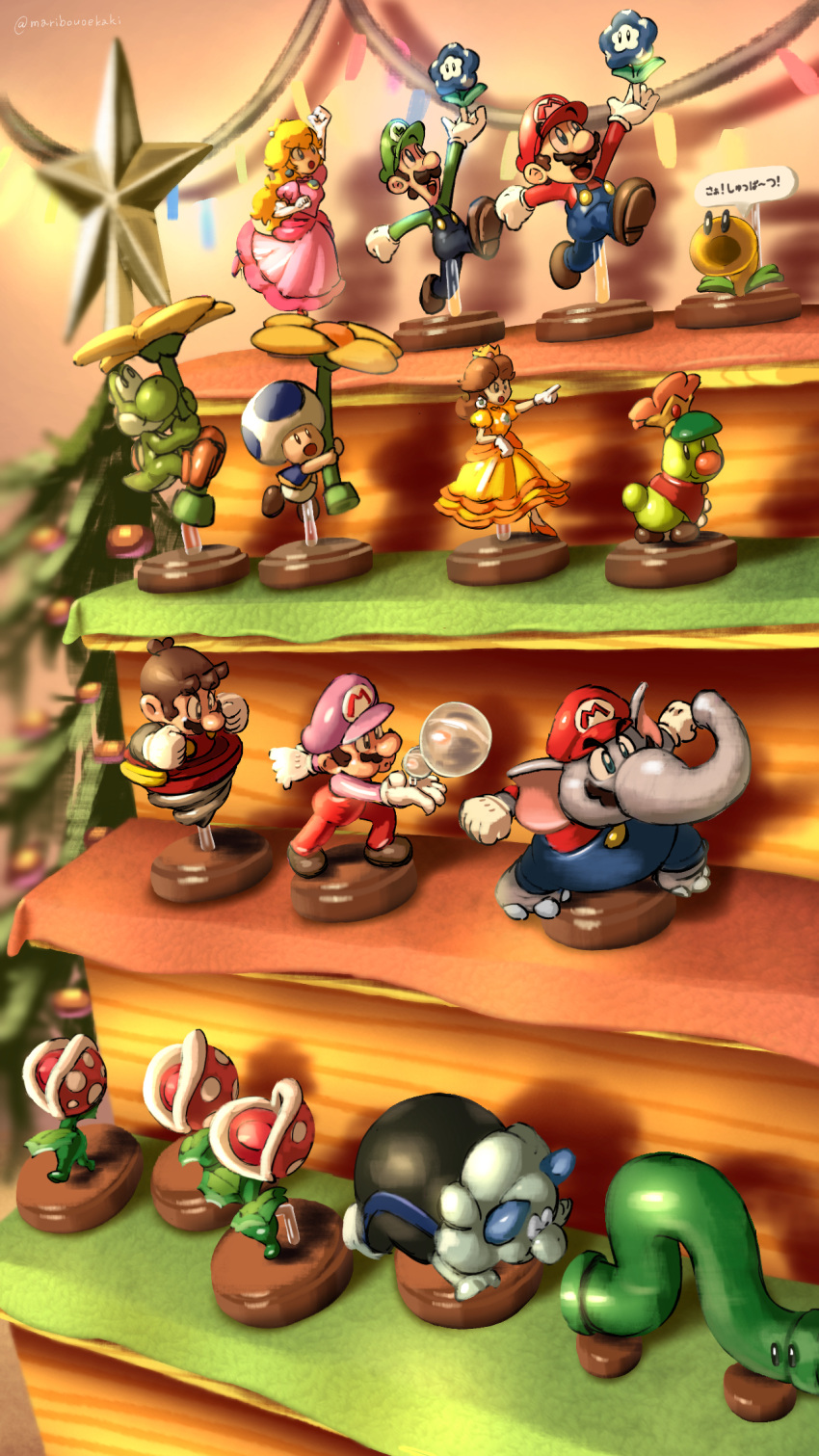 2girls, 5boys, blonde_hair, blue_overalls, blue_toad_(mario), brown_hair, bubble_mario, bulrush_(mario)