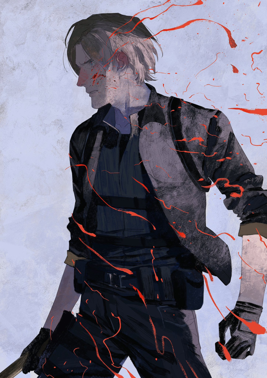 1boy, black_coat, black_gloves, black_shirt, blonde_hair, blood, coat, cowboy_shot
