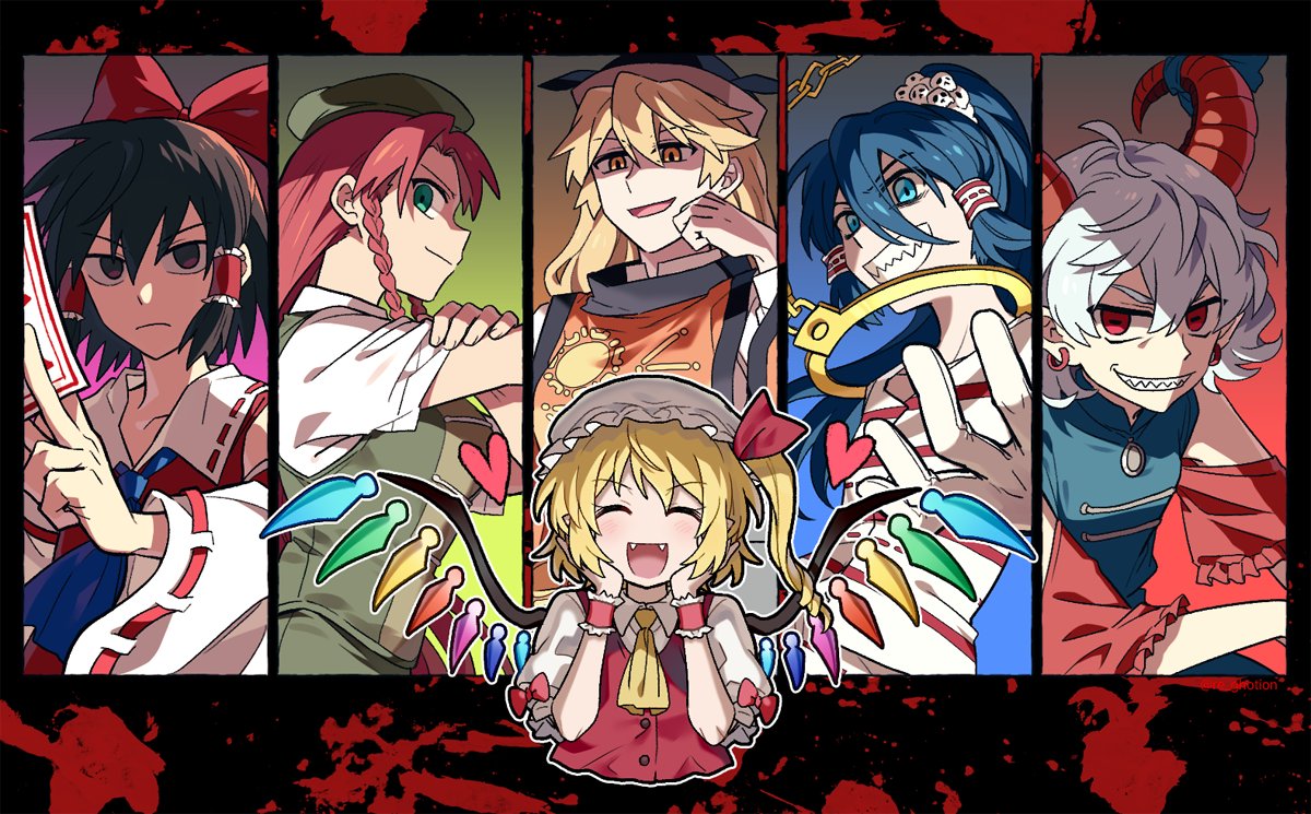 6+girls, :d, ascot, between_fingers, black_background, black_hat, blonde_hair, blood