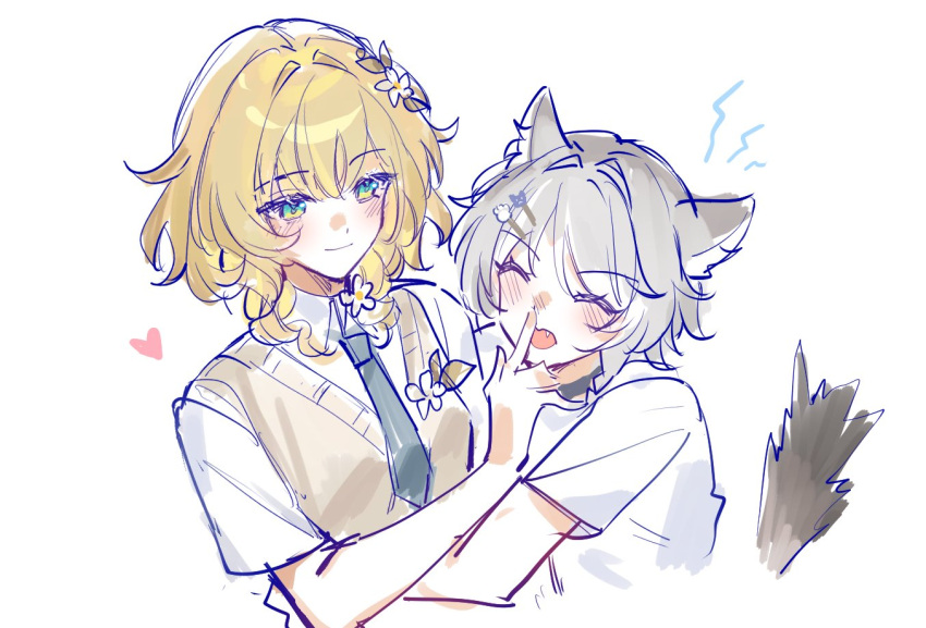 2girls, aglaea_(honkai:_star_rail), animal_ears, bare_arms, blonde_hair, cat_ears, cat_girl, cat_tail, cipher_(honkai:_star_rail), closed_eyes, closed_mouth, grey_hair, hashtag-only_commentary, heart, honkai:_star_rail, honkai_(series), hug, looking_at_another, minto_sakuratou, multiple_girls, necktie, open_mouth, school_uniform, short_hair, tail, yuri