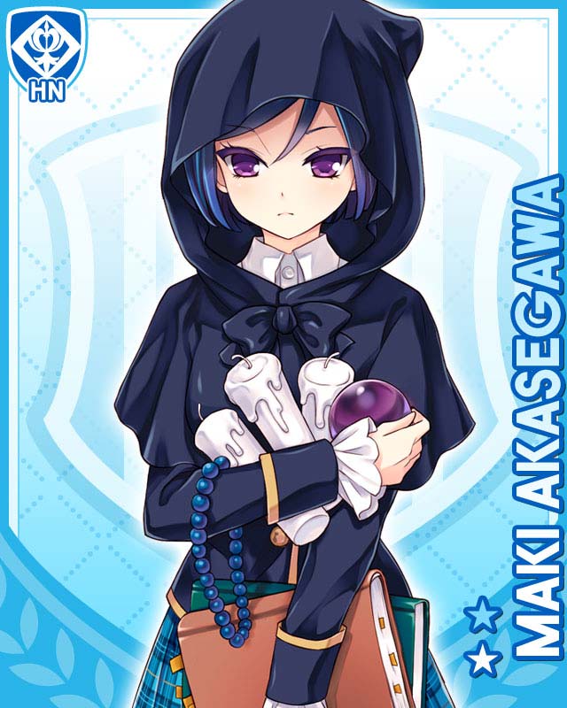 1girl, akasegawa_maki, beads, black_cloak, blue_background, blue_hair, blue_skirt, book