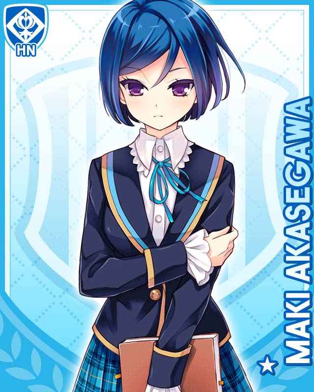 1girl, akasegawa_maki, blue_background, blue_hair, blue_ribbon, blue_skirt, book, card_(medium)