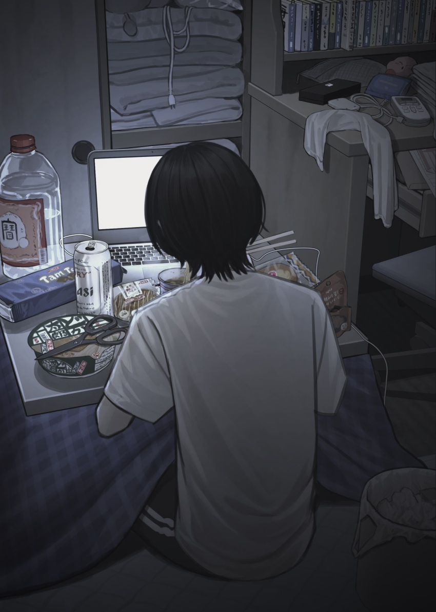 1boy, at_computer, beer_can, black_hair, can, chopsticks, computer, drink_can
