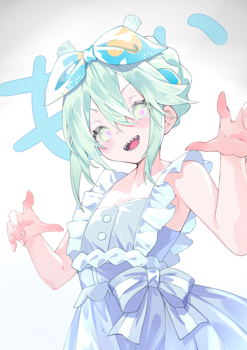 1girl, absurdres, antler_ornament, antlers, bare_shoulders, blue_dress, blue_ribbon, bow, breasts, dress, fate/grand_order, fate_(series), green_eyes, green_hair, hair_between_eyes, hair_bun, hair_ribbon, highres, horns, kebol, louhi_(fate), louhi_(first_ascension)_(fate), purple_loincloth, ribbon, sharp_teeth, short_hair, sidelocks, small_breasts, smile, solo, teeth