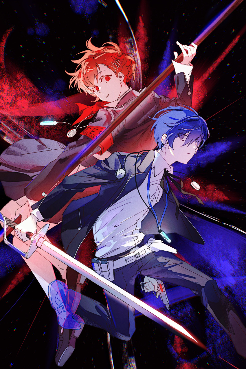 1boy, 1girl, absurdres, armband, back-to-back, black_background, black_jacket, black_pants