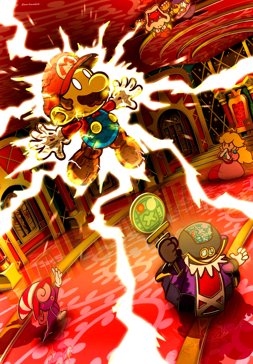 3boys, 3girls, artist_name, blonde_hair, blue_overalls, bowser, commentary_request, crown