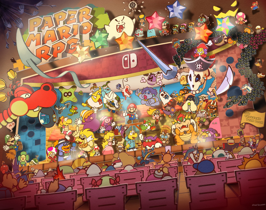 ^_^, admiral_bobbery, beldam, bird, blonde_hair, blooper_(mario), blue_hat, bob-omb