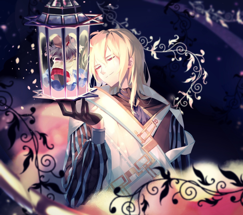 1boy, 1girl, alkaid_mcgrath, alkaid_mcgrath_(eden), alternate_eye_color, black_background, black_gloves, black_hair