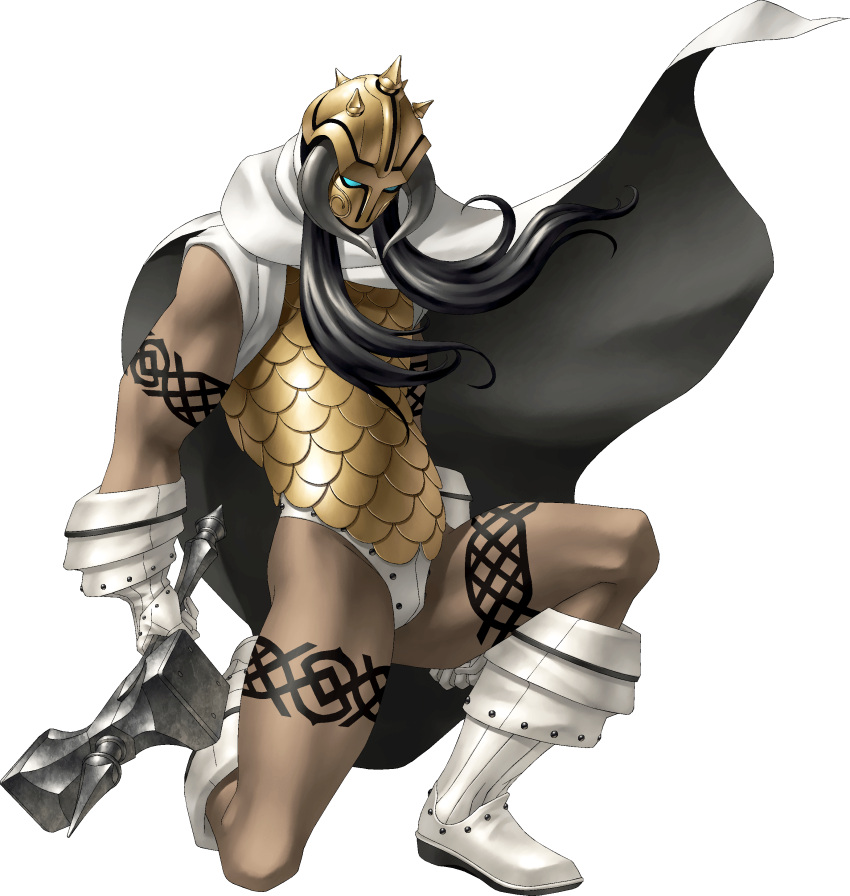 1boy, absurdres, armor, cape, clenched_hand, demon_(megami_tensei), fake_horns, hammer