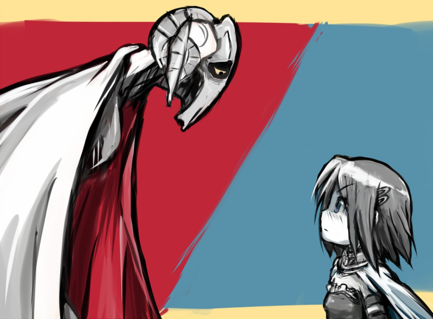 alien, blue_eyes, blue_hair, blush, cape, crossover, cyborg, general_grievous