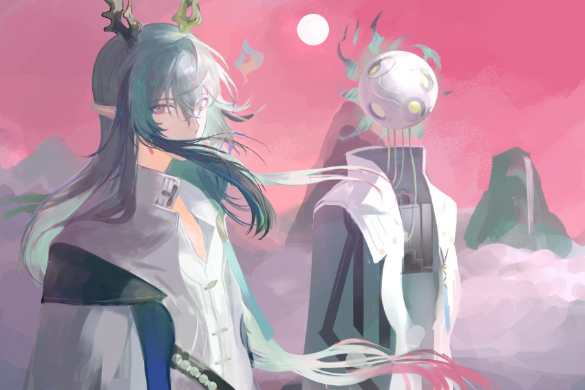 2boys, animal_ears, arknights, blue_hair, clouds, coat, dragon_ears, full_moon
